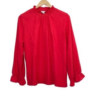 J. Crew red Swiss dot ruffle mock neck long sleeve ruffle cuff blouse